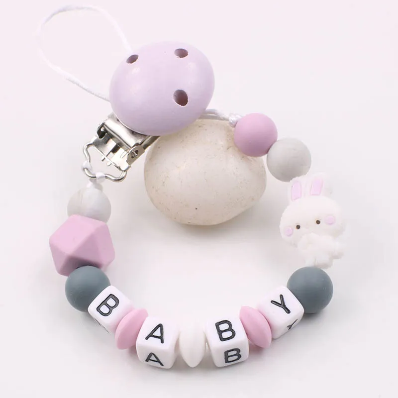 Personalised Name Baby Pacifier Clip Anti-drop Chain Cute Rabbit Beads Silicone Pacifier Chain Holder Baby Shower Gift