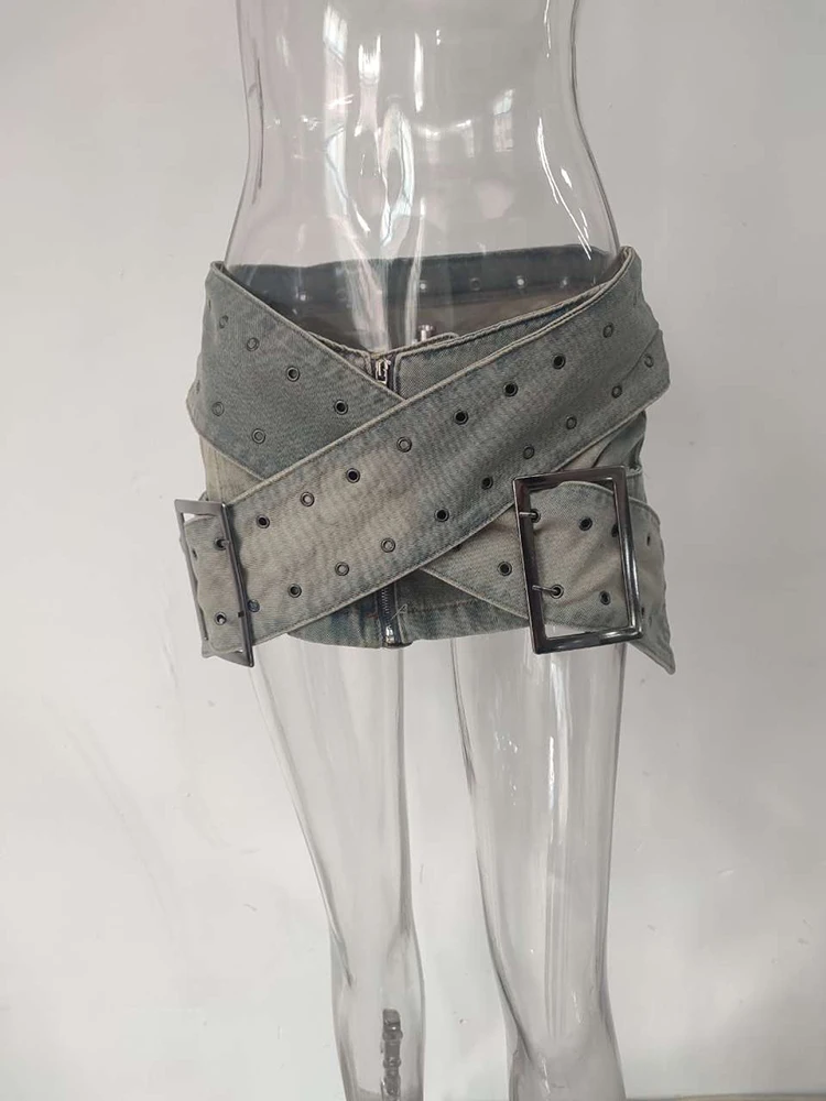 Женская джинсовая мини-юбка DEAT асимметричная короткая юбка из денима с поясом Y2K