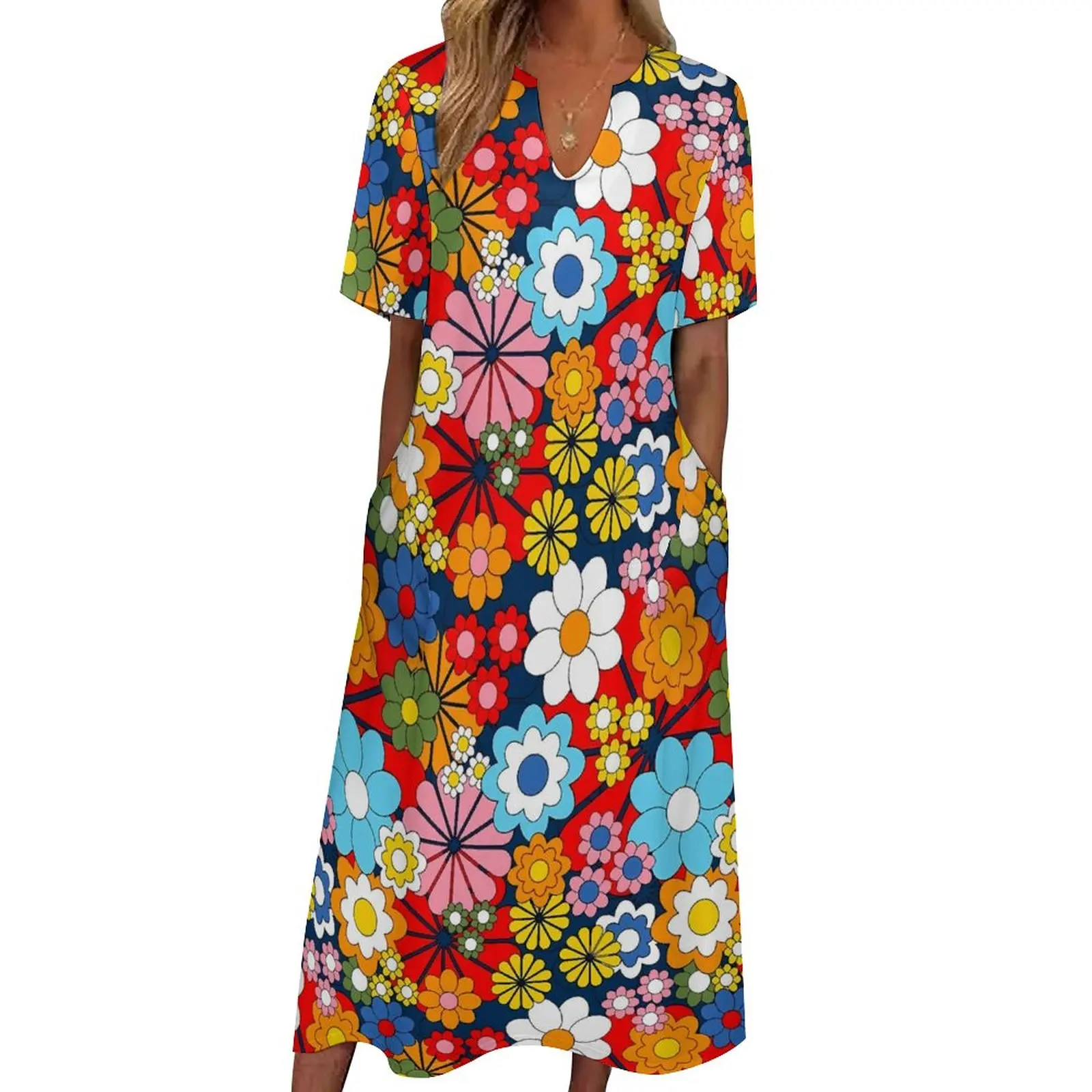 

Colorful Floral Dress Retro Flowers Print Beach Maxi Dress Street Wear Casual Long Dresses Summer Short Sleeve Vestido Big Size