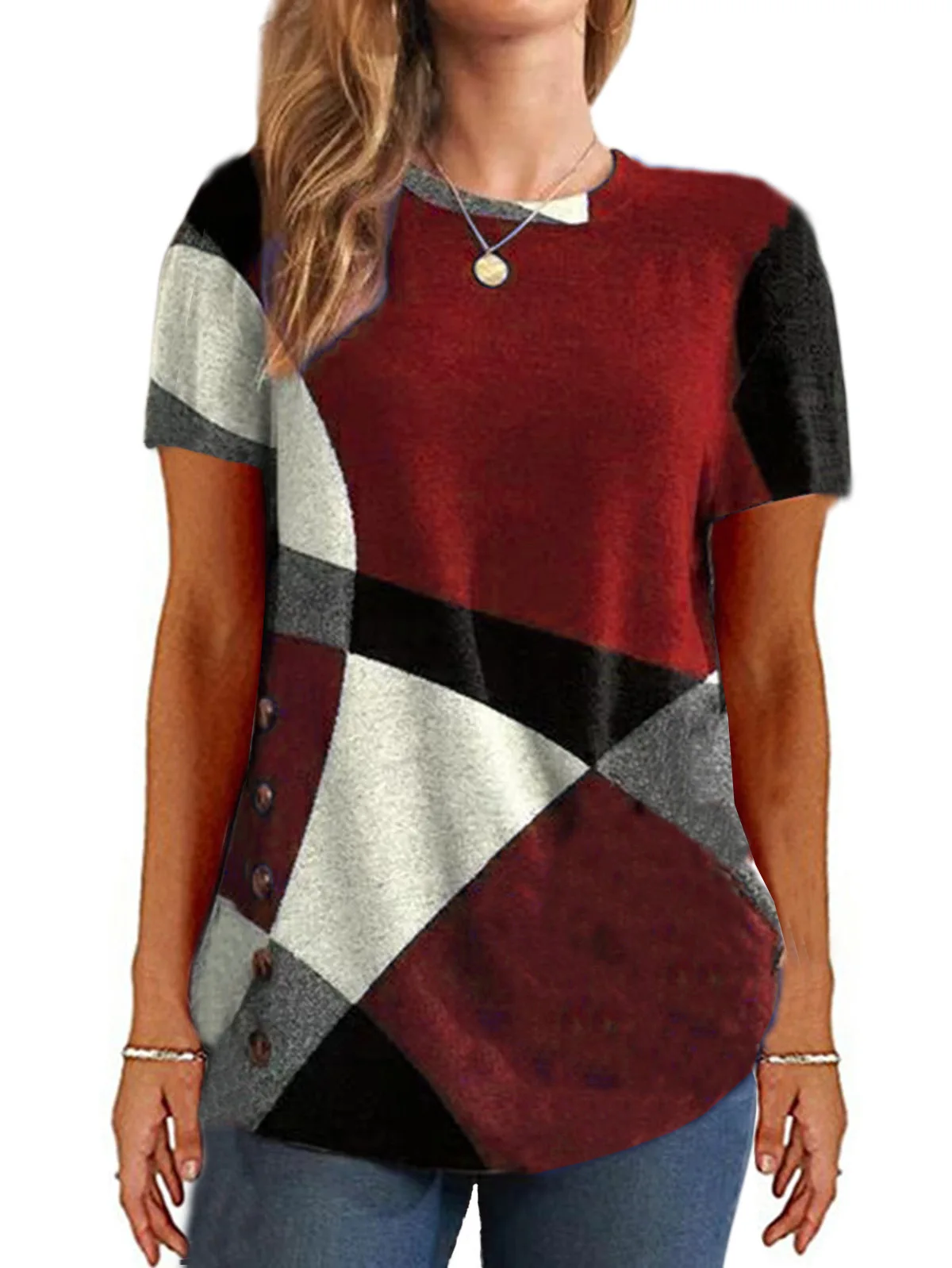 

Fashion Summer Women's Contrasting Geometric Print Button Short sleeved T-shirt Top Casual Loose Round Neck Y2k Pullover Shirt