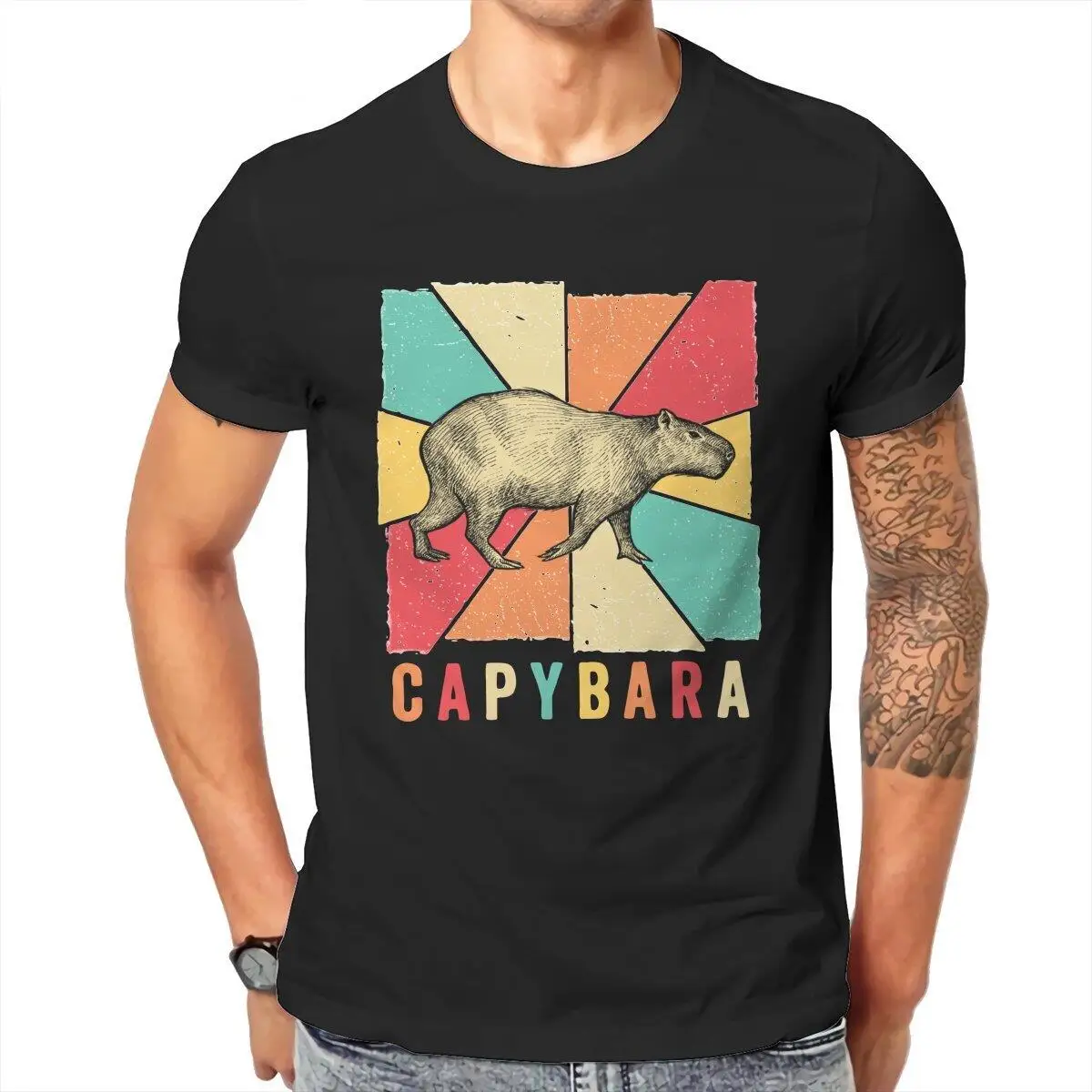 Vintage Retro Style Capybara  T-Shirt Men O Neck Pure Cotton T Shirt Animal Short Sleeve Tee Shirt 6XL Clothing