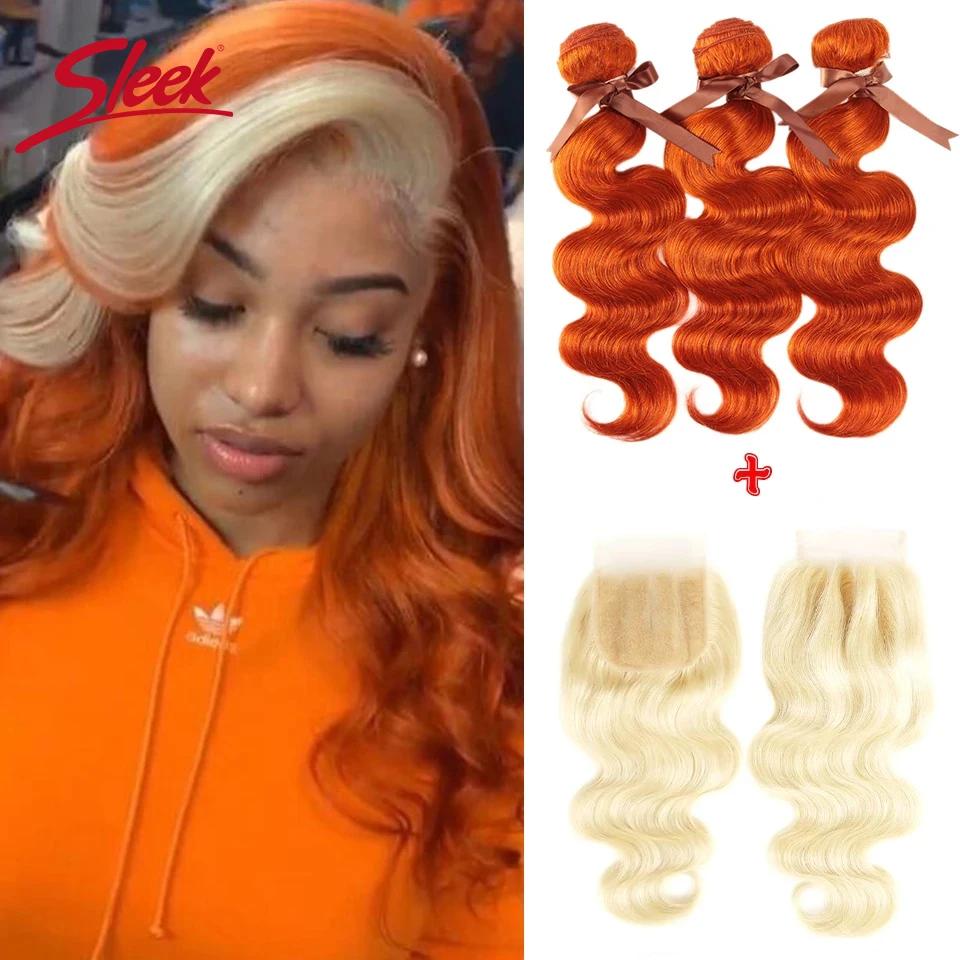 Sleek Brazilian Body Wave 3 Bundles With Closure Remy Hair Orange Bundles With Blond 613 Human Hair Closure For Women