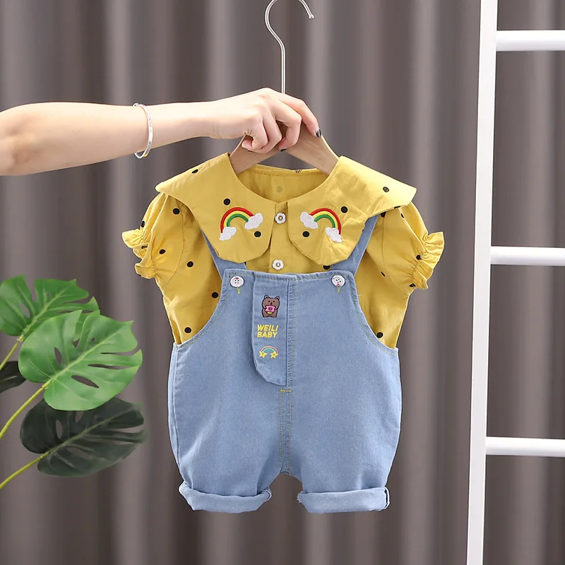 

Toddler Girl Summer Clothes 2022 Fashion Dot Turn-down Collar Shirts Tops and Overalls 2PCS Boutique Outfits Set Kids Tracksuits