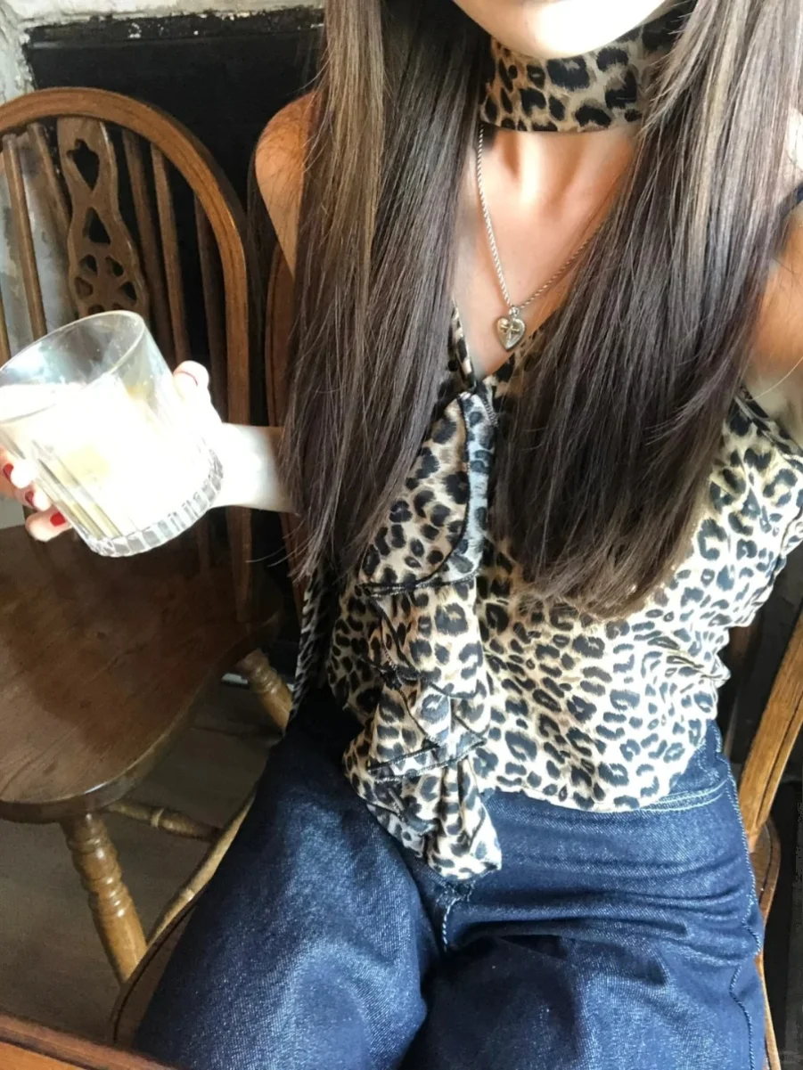 American vintage Leopard Print Hanging Neck Cami Women 2024 Summer New Design Sense Gyaru Sleeveless Top