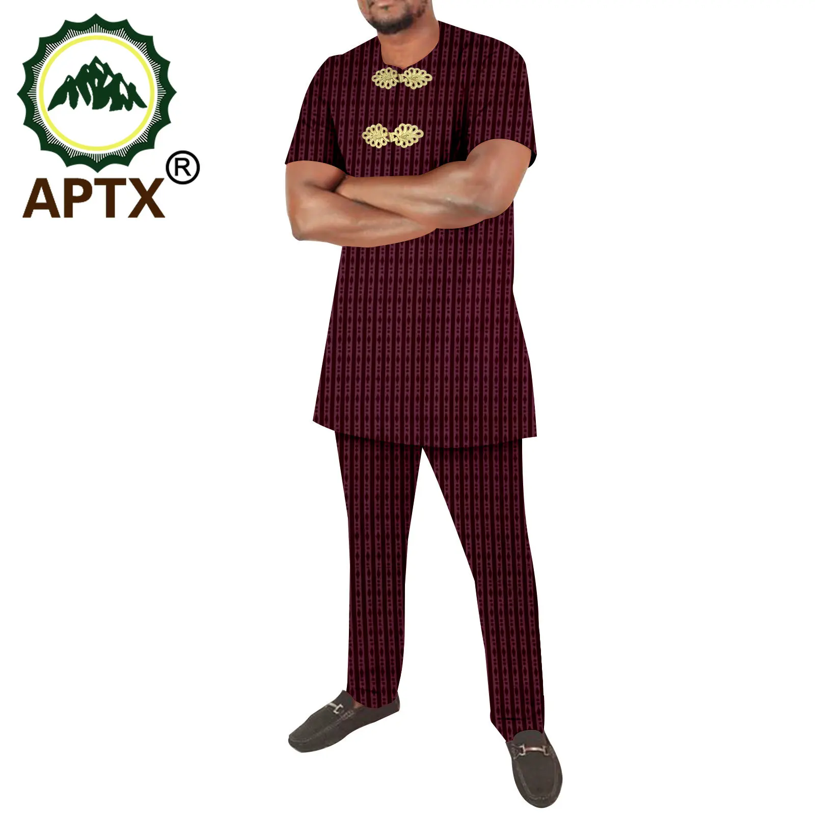 APTX African Men's Set Summer Wear Size Customizable Short Sleeves Top+ Full Length Pants Polyester Material TA2216147