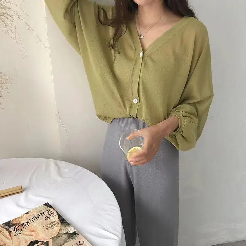 

Summer V-neck Bating Puff Sleeve Cover Up Tops Plus Size Knitted Cardigan Short Coat Thin Casual Loose Summer Women's Clothes