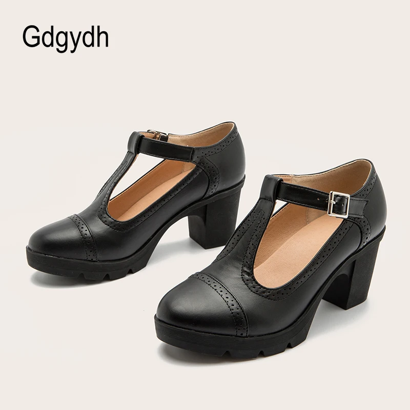 

Gdgydh Cute Mary Jane Shoes Leather High Heel Casual Women's Shoes with Buckle Thick and Round Toe T-Strap Platform Heels Black