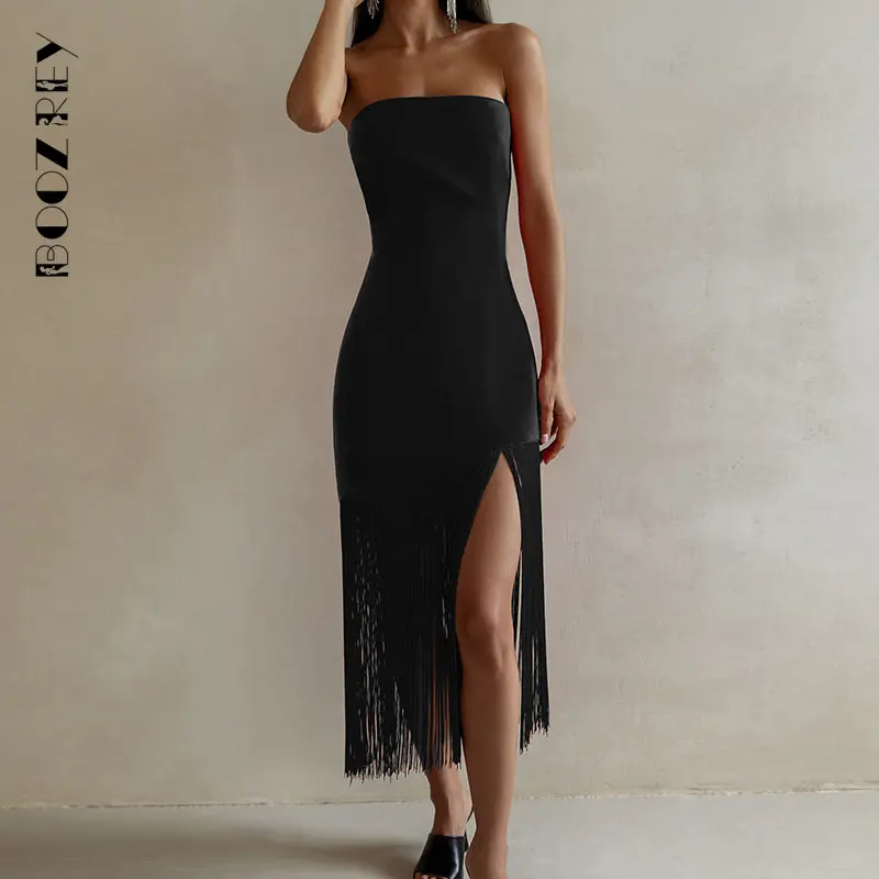 

BoozRey Black Fringe Sexy Tube Dress Bodycon Sleeveless Women Summer Long Dress Evening Elegant White Backless Party Club Outfit