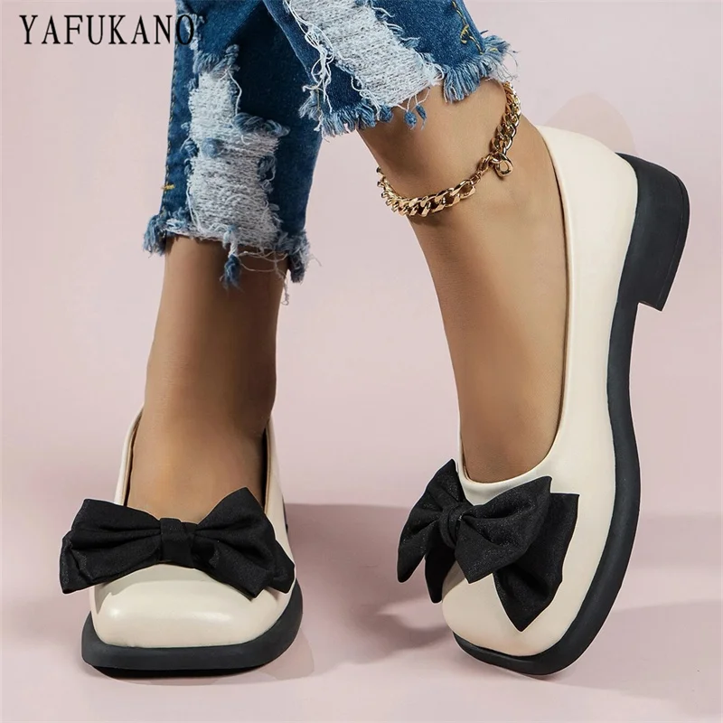 

Retro Square Toe Low Heel Leather Shoes Bow Decor British Style Shallow Mouth Single Shoes Chunky Heel Thick Bottom Loafers