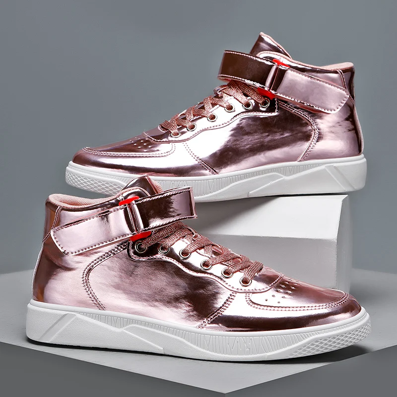 

High Top Casual Shoes New Trend Mirror Patent Leather Male Trainers Skateboard Sneakers Footwear Men Lace Up Tenis Masculino