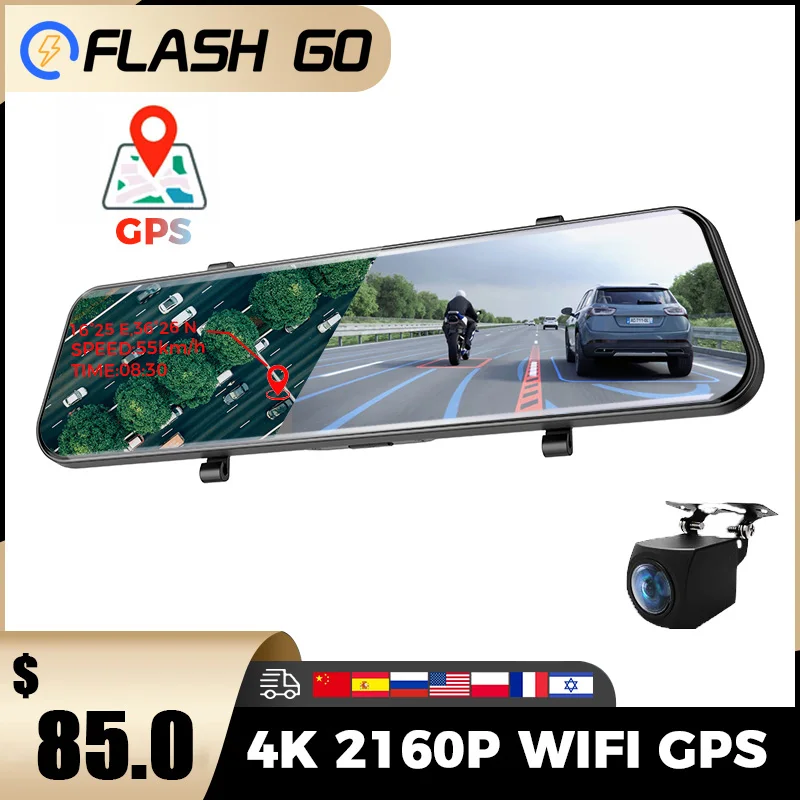 Автомобильный видеорегистратор зеркало заднего вида с G-датчиком 12 дюймов 4K GPS Wi-Fi
