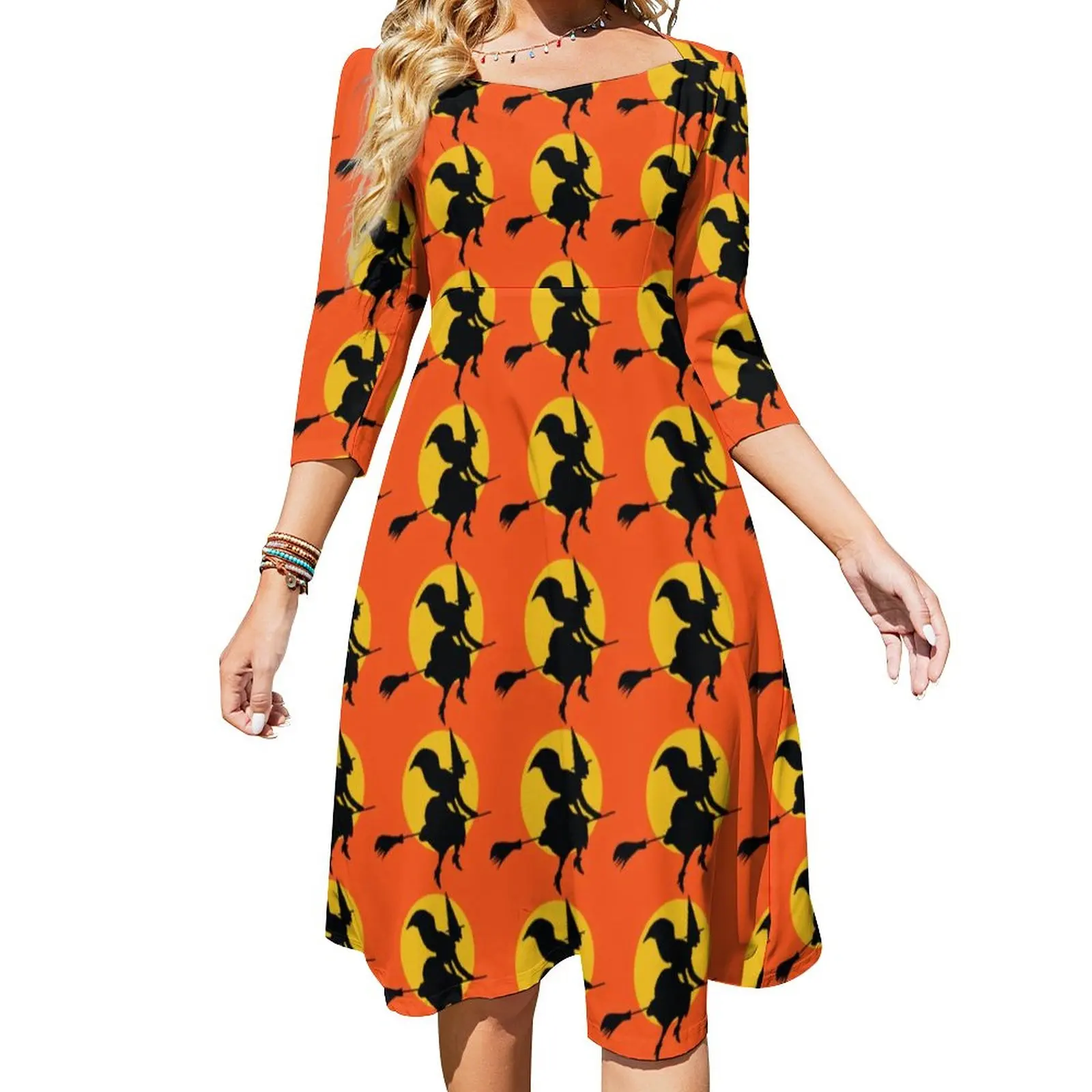 

Halloween Witch Casual Dress Trick Or Treat Print Trendy Dresses Summer Sexy Square Collar Aesthetic Dress Big Size 4XL 5XL