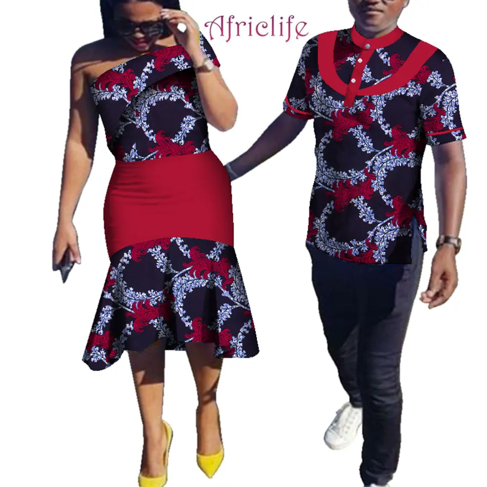 Party Couple Clothing Women Pleated Skirt and Men T Shirt African Wax Print Cotton Summer Couple Clothing WYQ354