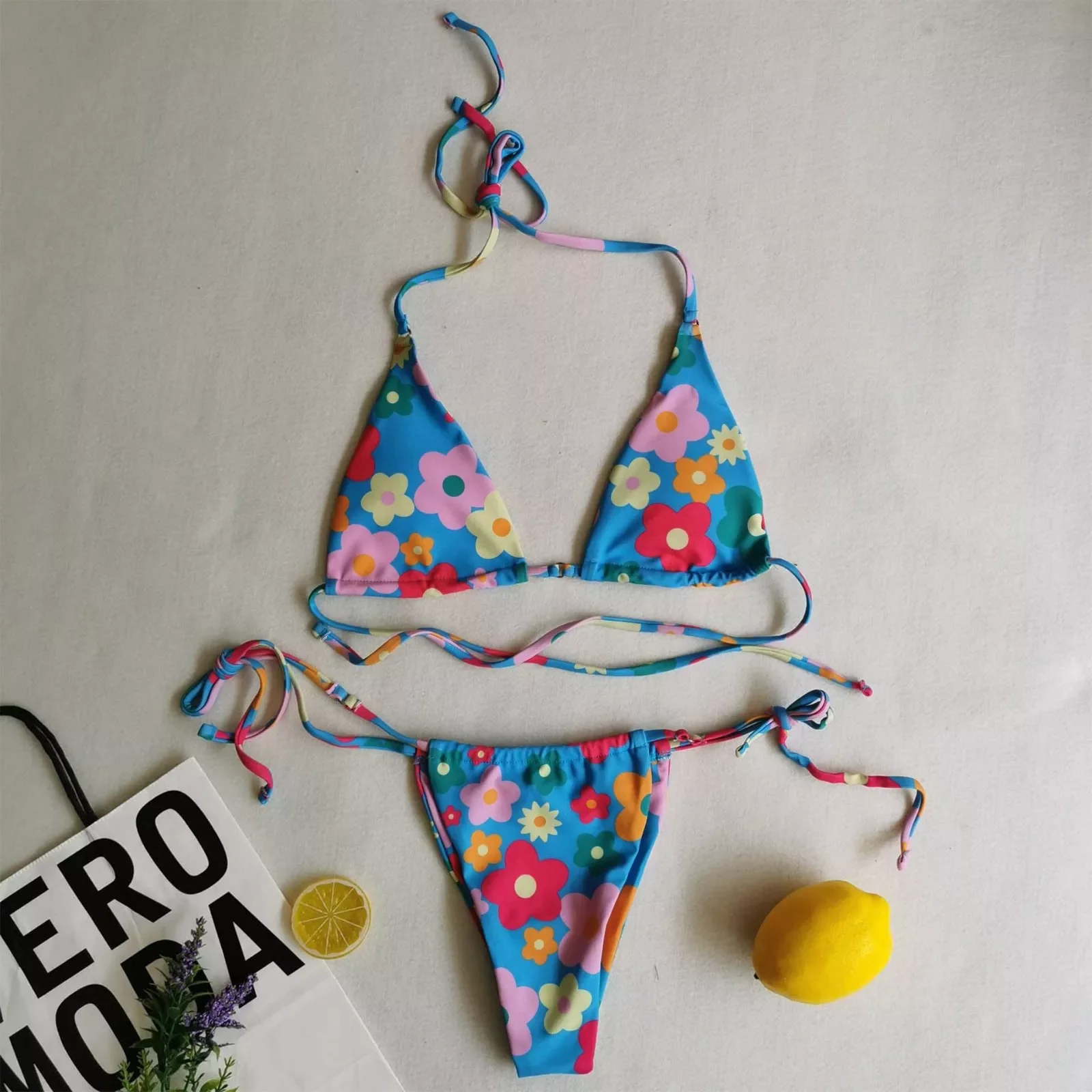 

Floral Printed Swimwear Women Bandage Halter Women Double Fabric Brazilian Bikini Push Up Two-piece Swimsuit Beachwear