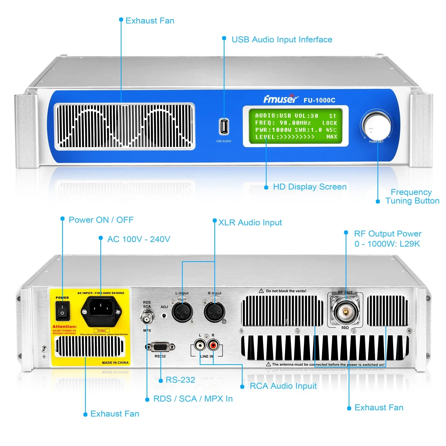 Фото FM-трансмиттер FMUSER 1000 Вт FU-1000C 1 кВт для радиовещания с четырьмя антеннами FU-DV2 и кабелем 98 футов для FM-станции №5