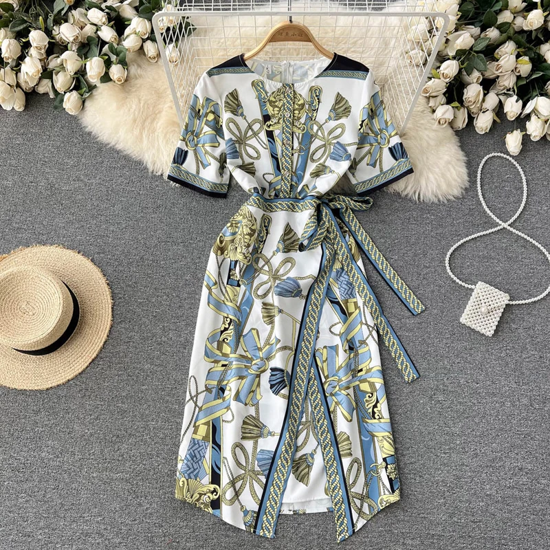 

Women Dresses Summer 2022 Sexy O Neck Floral Print Hip Dress Waist Tie Short Sleeve A Line Irregular Dress Party Robe 220275