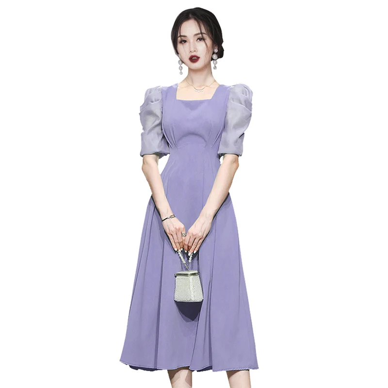

Purple Maxi A line office Dress one piece korean ladies summer fashion short sleeve square neck cabaret party Dresses for women