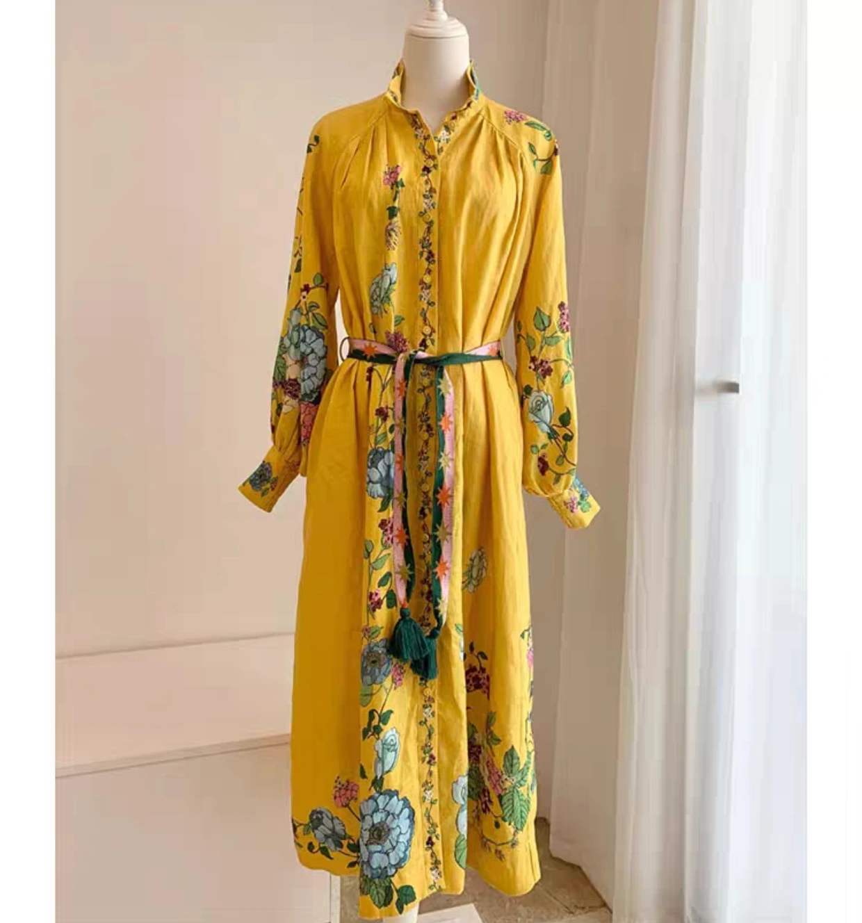 Women Yellow Flower Print Linen Midi Dress 2023 new Stand Collar Long Sleeve Single Breasted long dress with Tassel Belt