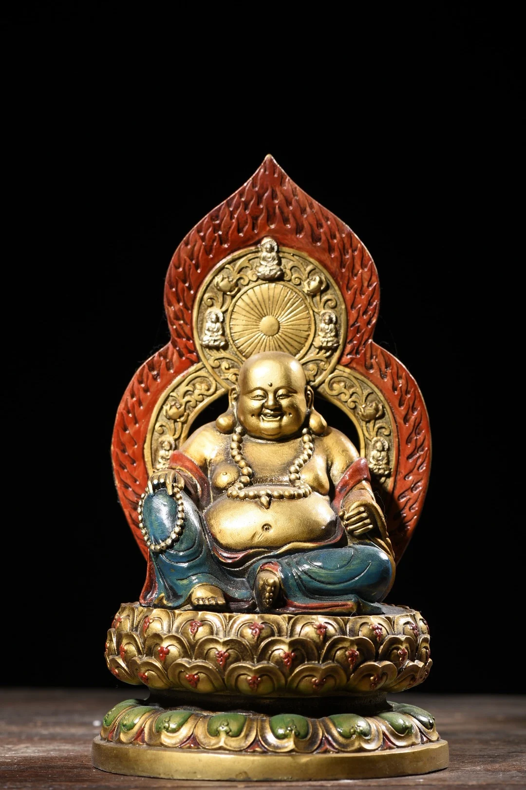 

Коллекция тибетских храмов 11 дюймов, старая бронзовая роспись, большой живот, Будда с подсветкой, терраса Будды, поклонение, зал, городской домик