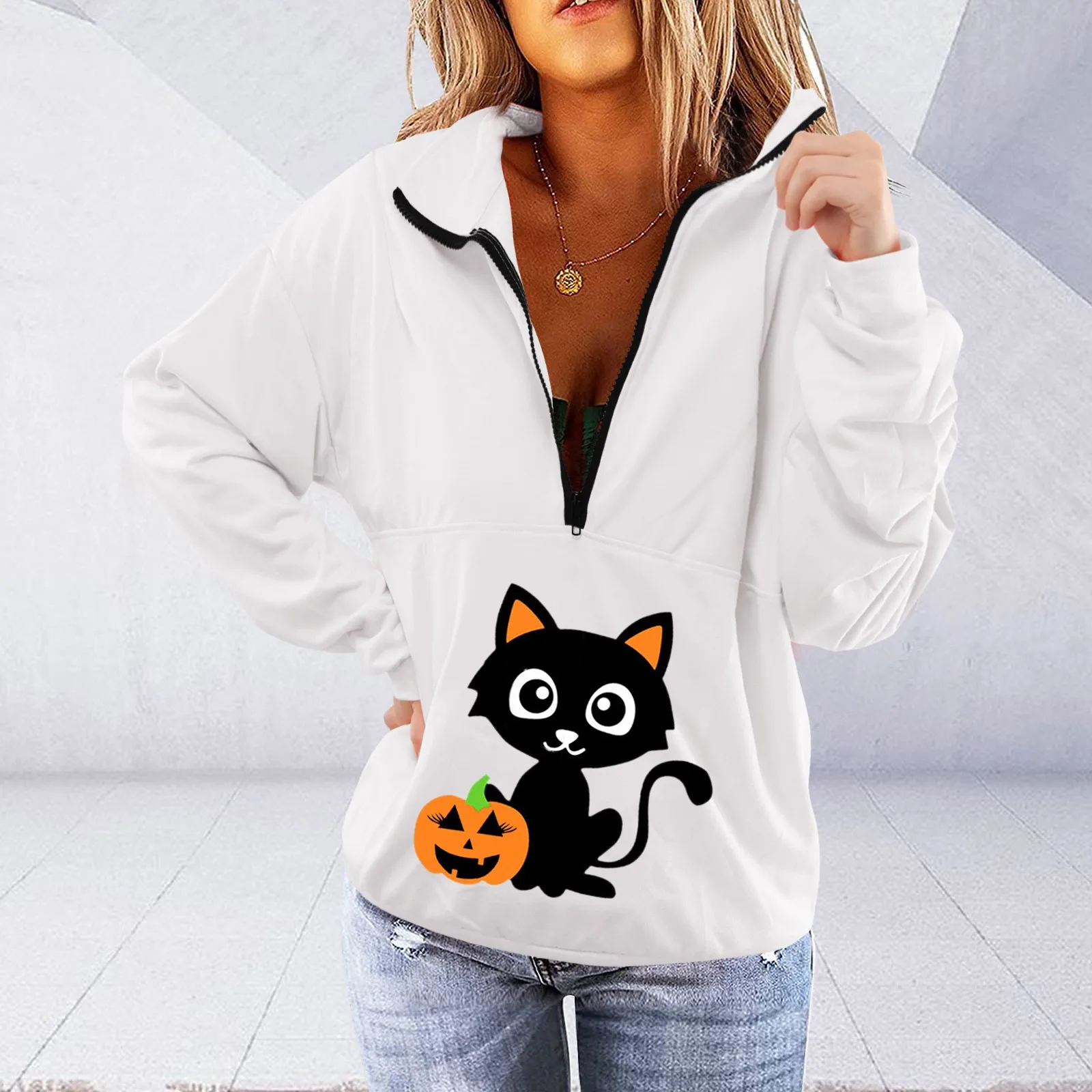 Vintage Polo Shirt Women Stand Collar Half Zipper Long Sleeve Sweatshirts Halloween Pumpkin Cat Cute Print Pullover Tracksuit