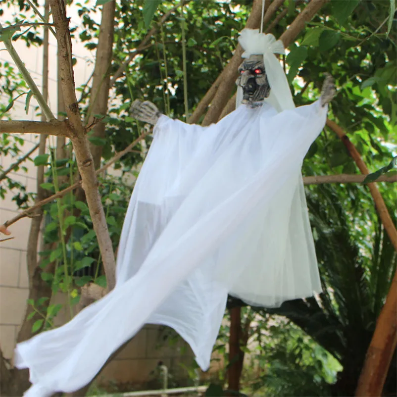 

Halloween Witch Bride Decoration Scary Hanging Ghost with Sounds Glowing Eyes Electric Toy Haunted House Party Ornament Props