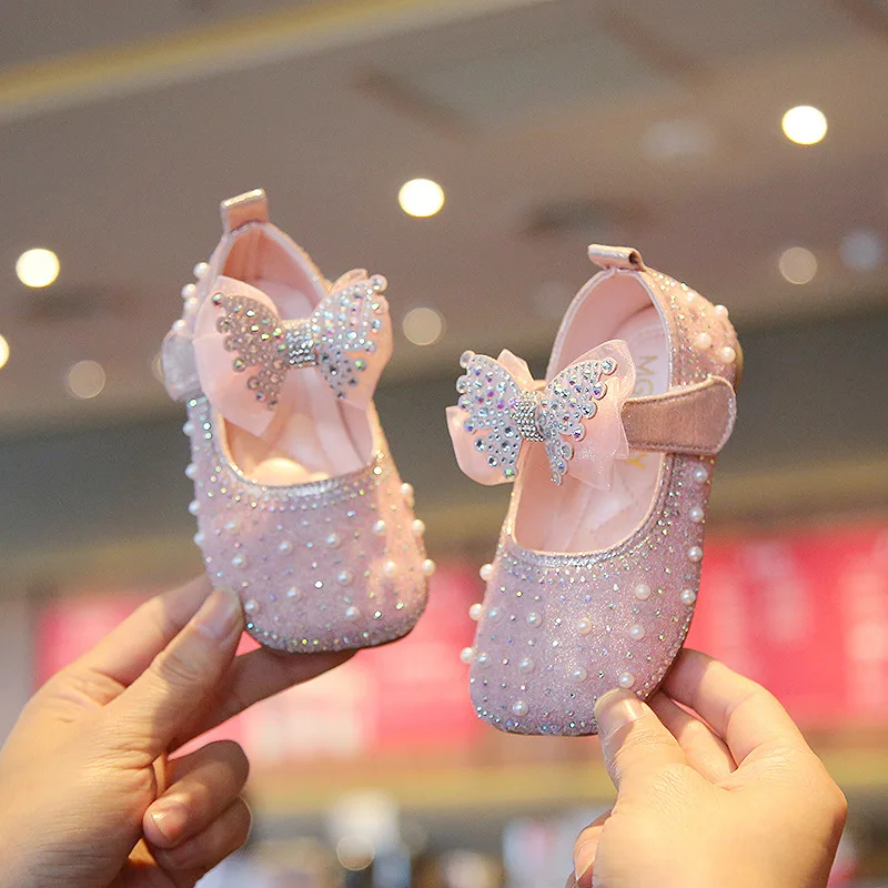 

2022 Girls Fashion Leather Shoes Children's Rhinestone Single Shoes Spring Kids Bow Party Dance Show Flats Shoes G732