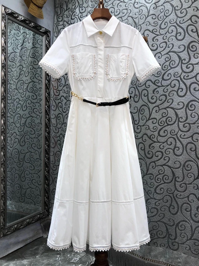 2023 new women fashion short sleeve belt slim shirt collar A-shaped pendulum elegant dress 0430