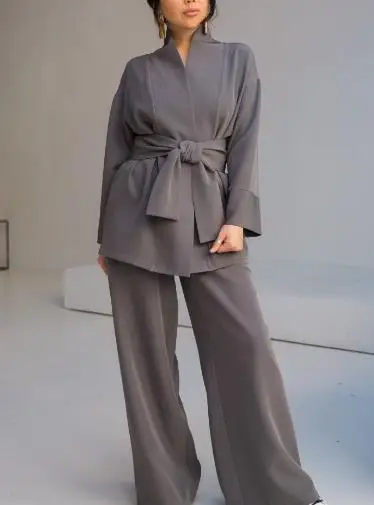 

Women Kimono Tops and Flare Pants Casual Two Piece Set Belt shirts High Waist Pants Streetwear