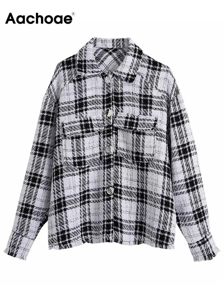 

Aachoae Casual Plaid Printed Batwing Long Sleeve Blouses Shirts Women Turn Down Collar Coats With Pockets Lady Fashion Outerwear