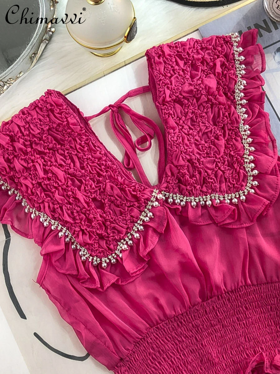 

Heavy Beads Wooden Ear Lapel Sleeveless Chiffon Shirts Women 2022 Summer New Fashion Waist-Controlled Elegant Blouse Women Tops