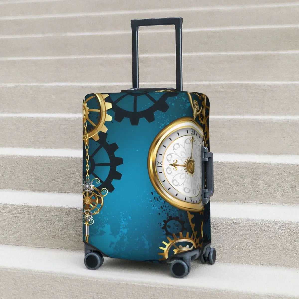 

Steampun Clock Suitcase Cover Skeleton Key Print Holiday Business Strectch Luggage Case Protector
