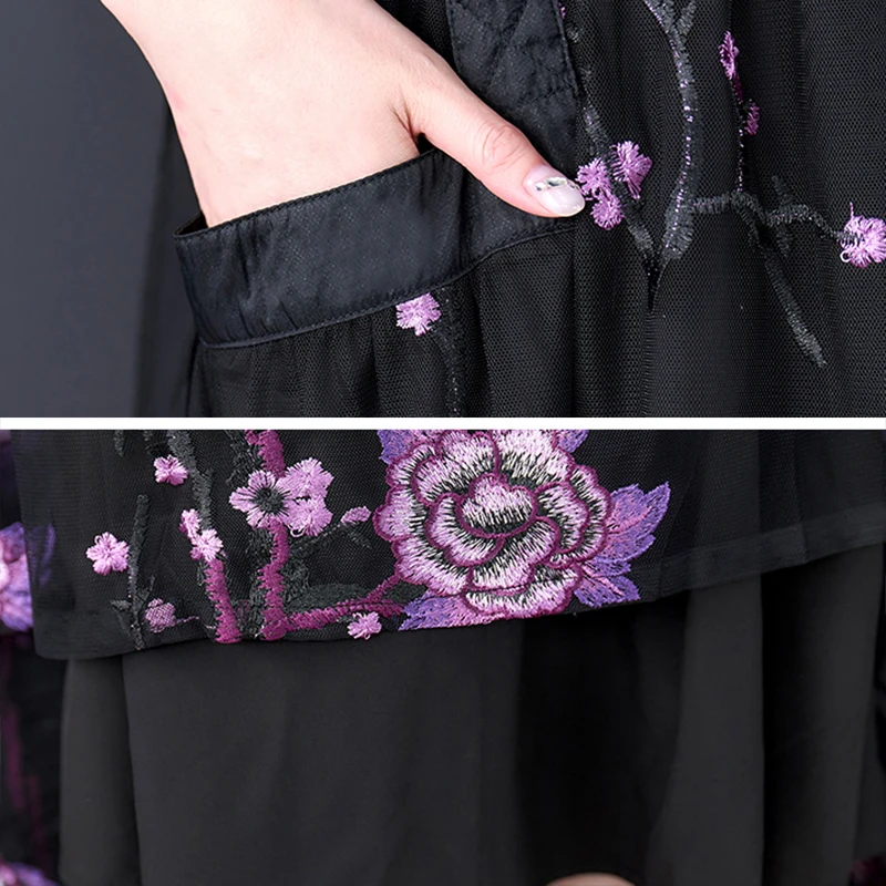 Женское платье макси с цветочной вышивкой черное Сетчатое винтажное в Корейском