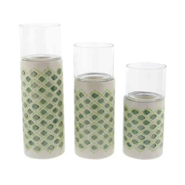 

Elegant 9, 11, And 13 Inch Lattice Patterned White, Green Ceramic And Glass Candle Holders - Set of 3