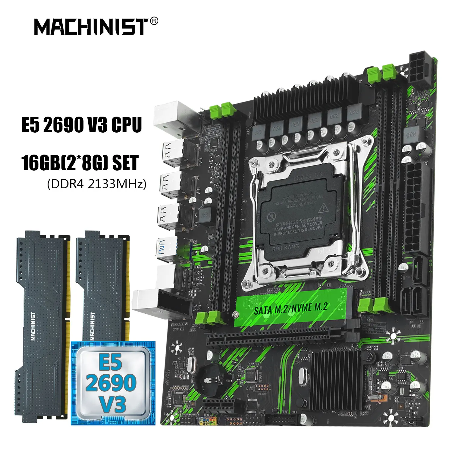

MACHINIST X99 материнская плата Combo LGA 2011-3 E5 2690 V3 Kit ЦП Xeon 2 шт. * 8 ГБ DDR4 ОЗУ 2133 МГц четырехканальный NVME M.2 USB 3,0 PR9