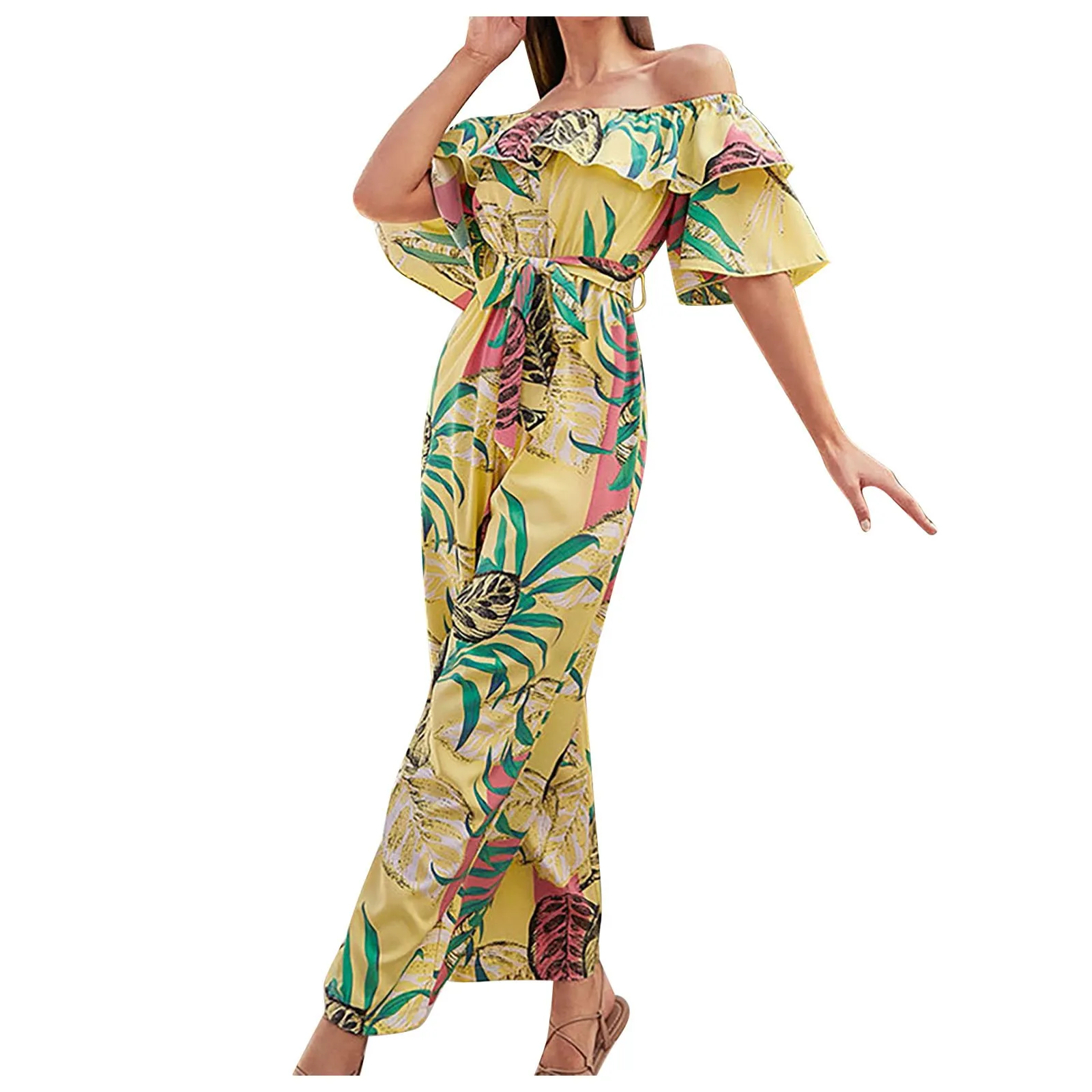 Женский шифоновый комбинезон с коротким рукавом оборками и открытыми плечами