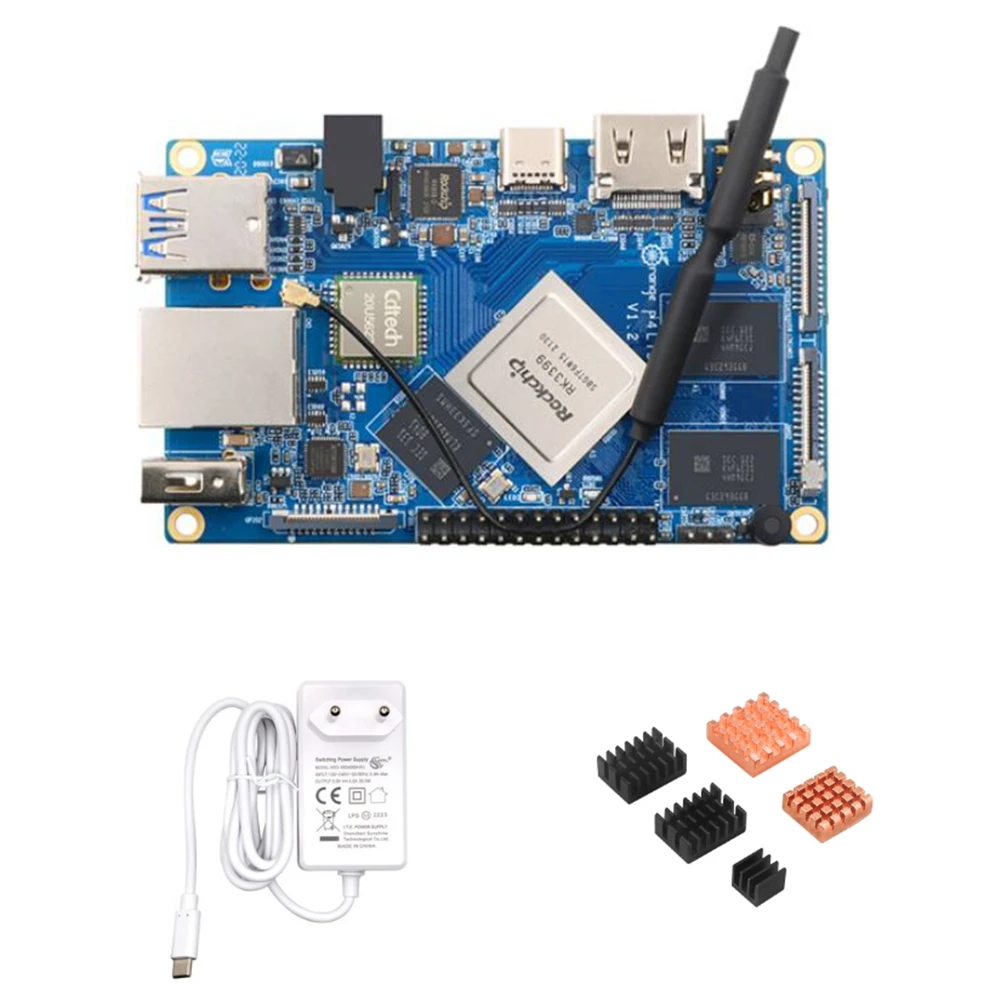 For Orange Pi 4 LTS 4GB LPDDR4 16GB EMMC Rockchip RK3399 Wifi+BT5.0 Heatsinks for OPI 4 LTS Development Board EU Plug