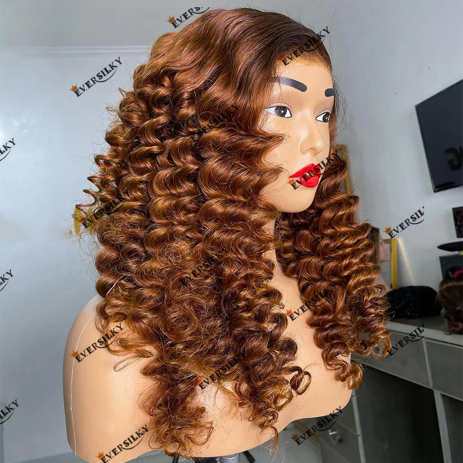 Bouncy Wand Curly Human Hair Golden Brown 250 Density 13X6 Lace Front Wig for Black Women Natural Hairline Remy Brazilian Hair