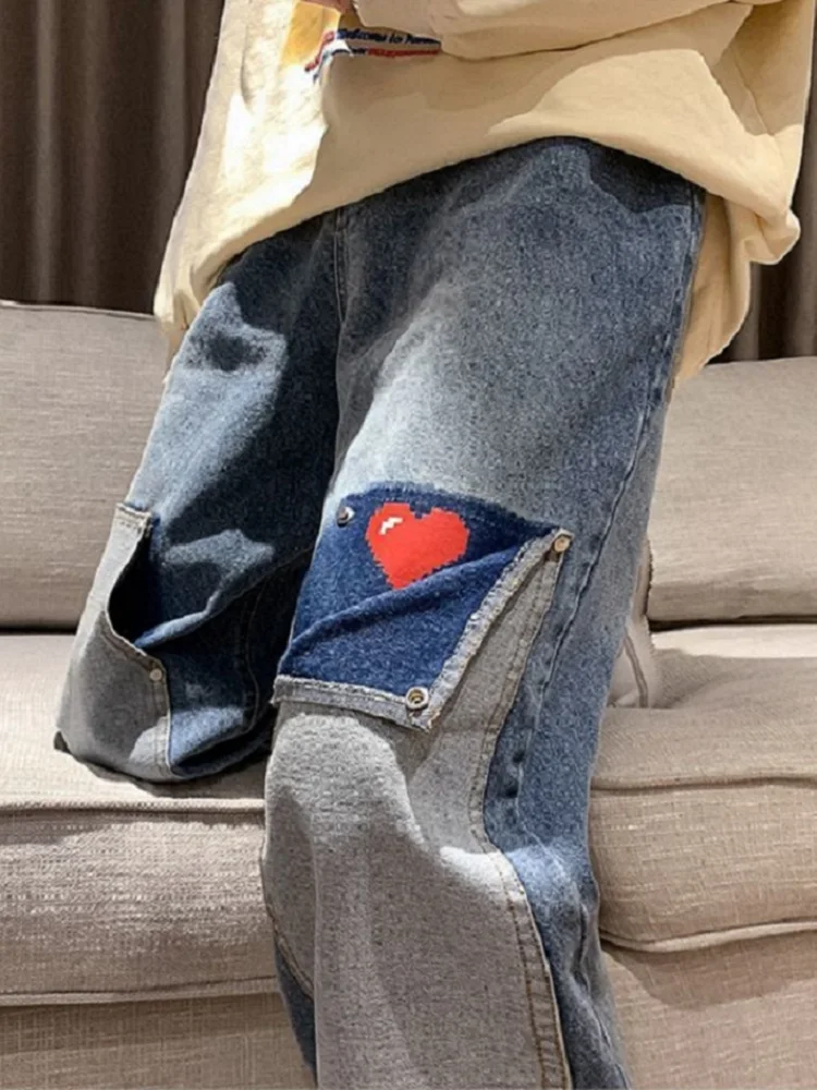 HOUZHOU Grunge Hippie Blau Baggy Jeans Frauen Übergroßen Vintage Streetwear Denim Hosen Patchwork Druck Lose Breite Bein Hosen