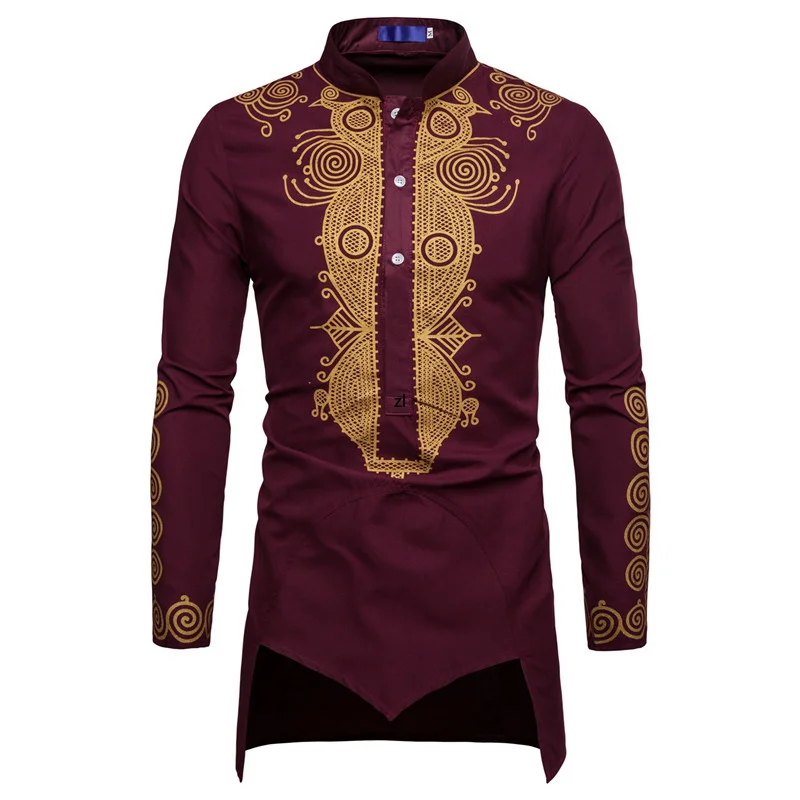 

Muslim Men Shirt Islamic Clothes Print Stand Color Tops Kurta National Printed Long Sleeve Shirts Male Folk Hip Hop Streetwear