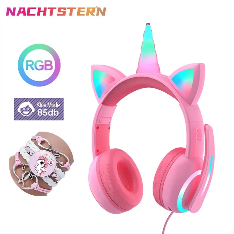 

Unicorn Kid Headphones LED light Wired Headphones with Noise Reduction Microphone Adjustable Headband Casco Kids Birthday Gift