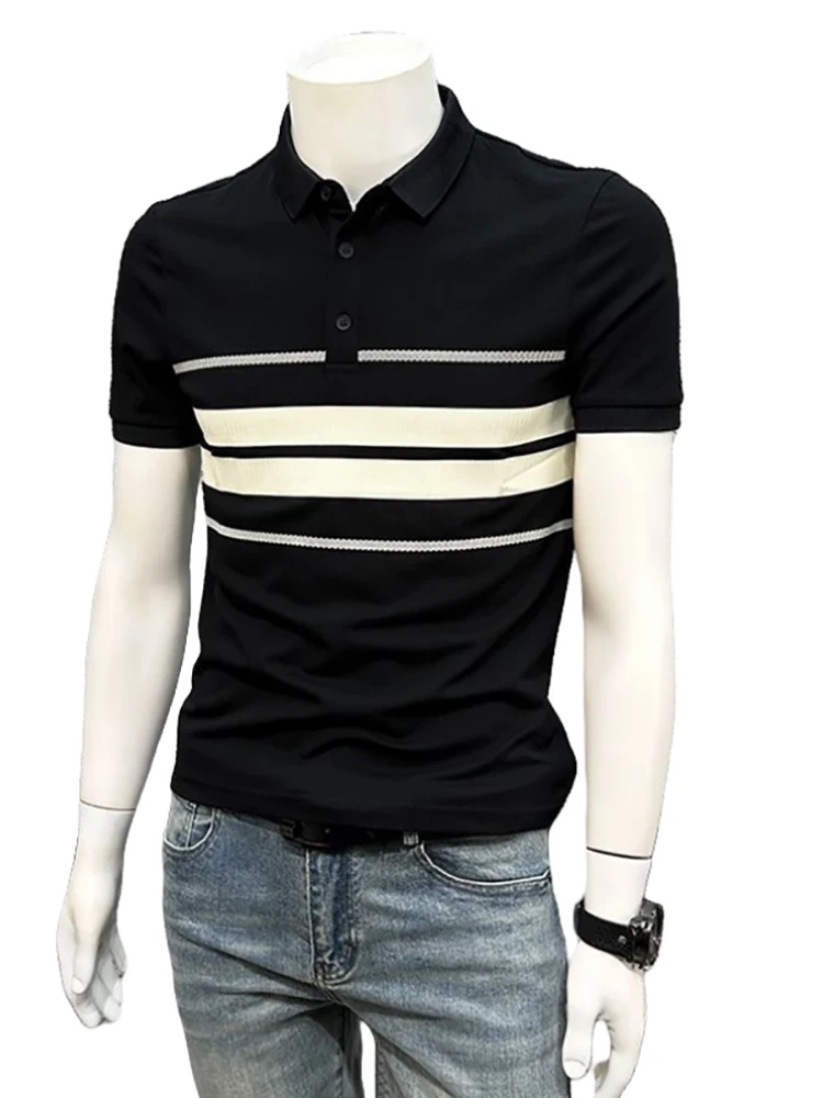 Stripes Contrast Color Lapels Men Short Sleeve Polo Shirt 2024 New Arrival Summer Classy Casual Silm Half T-shirt