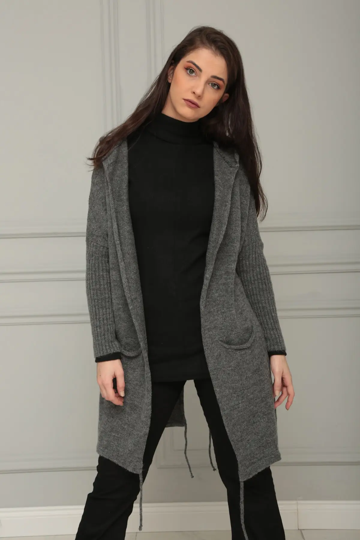 

Women's Cardigan Smoked Fluffy Pocket Hooded Loose Knitwear Bcornr02Az Casual Knitted Quality Fashion Sweaters Loose Jumper