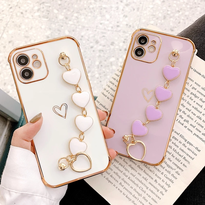 

Soft Electroplated Love Heart Phone Case For iPhone 11 12 13 Pro Max XS X XR 7 8 Plus mini SE 2020 Bracelet Cases Cover