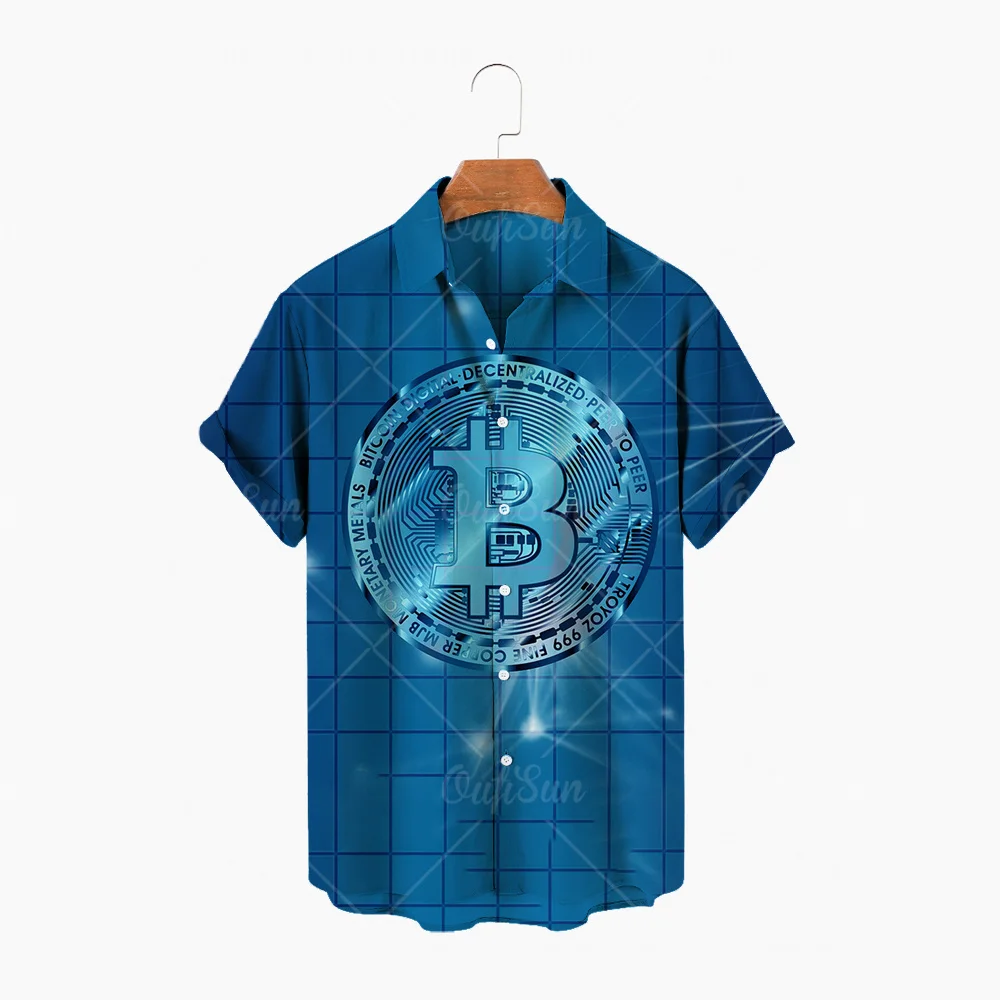 

Hawaiian Shirt Bitcoin Pattern Summer Beach Loose Fashion Short-sleeved Shirt Oversized Casual Trend All-match Men Shirt