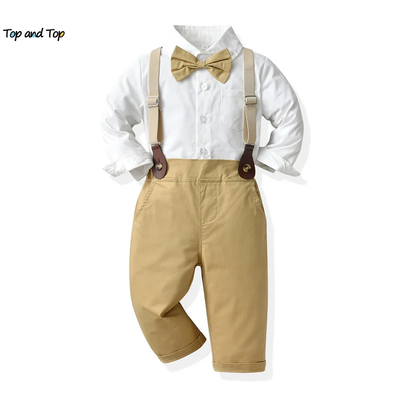 top and  top Toddler Kids Boys Gentleman Clothing Sets Children Boys Casual Long Sleeve White Shirts with Bowtie+Suspenders Pant