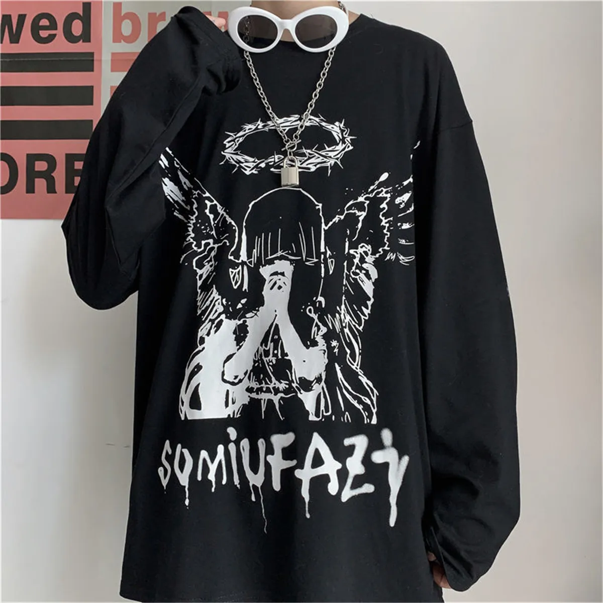 

Black Fashion Angel Print T Shirt Hip Hop Men Autumn Long Sleeve Loose T-Shirt Casual Oversized Basic Kawaii Tee Soft Tops Male