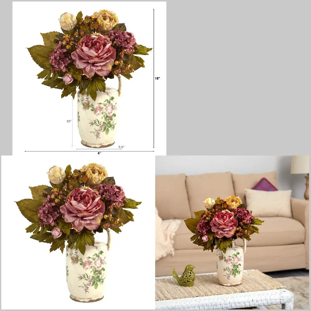 

Lovely Pink Peony Artificial Floral Arrangement in a Charming Pitcher Decoration for Home Office Living Room Tabletop