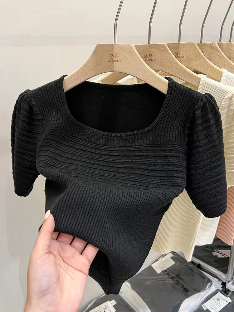 

Summer Clothes New Women T-shirts Slim Short Puff Sleeve Square Neck Tee Shirt Femme Vintage Tshirt Black White Knit Tops Female