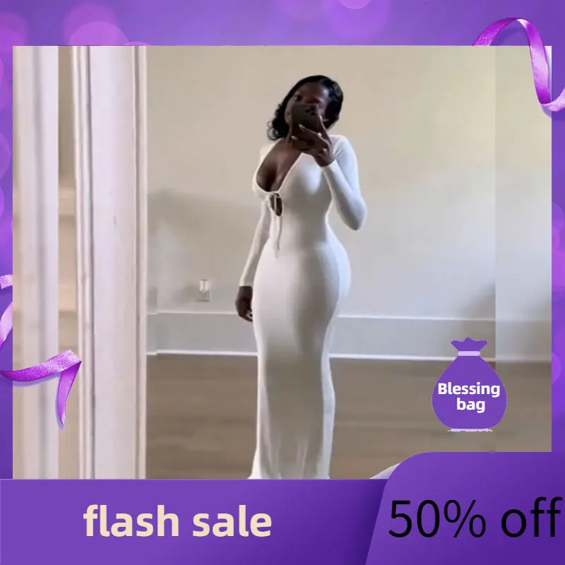 

Sexy one-step dress Kardashian solid color slim bodice open chest long buttock skirt 2022