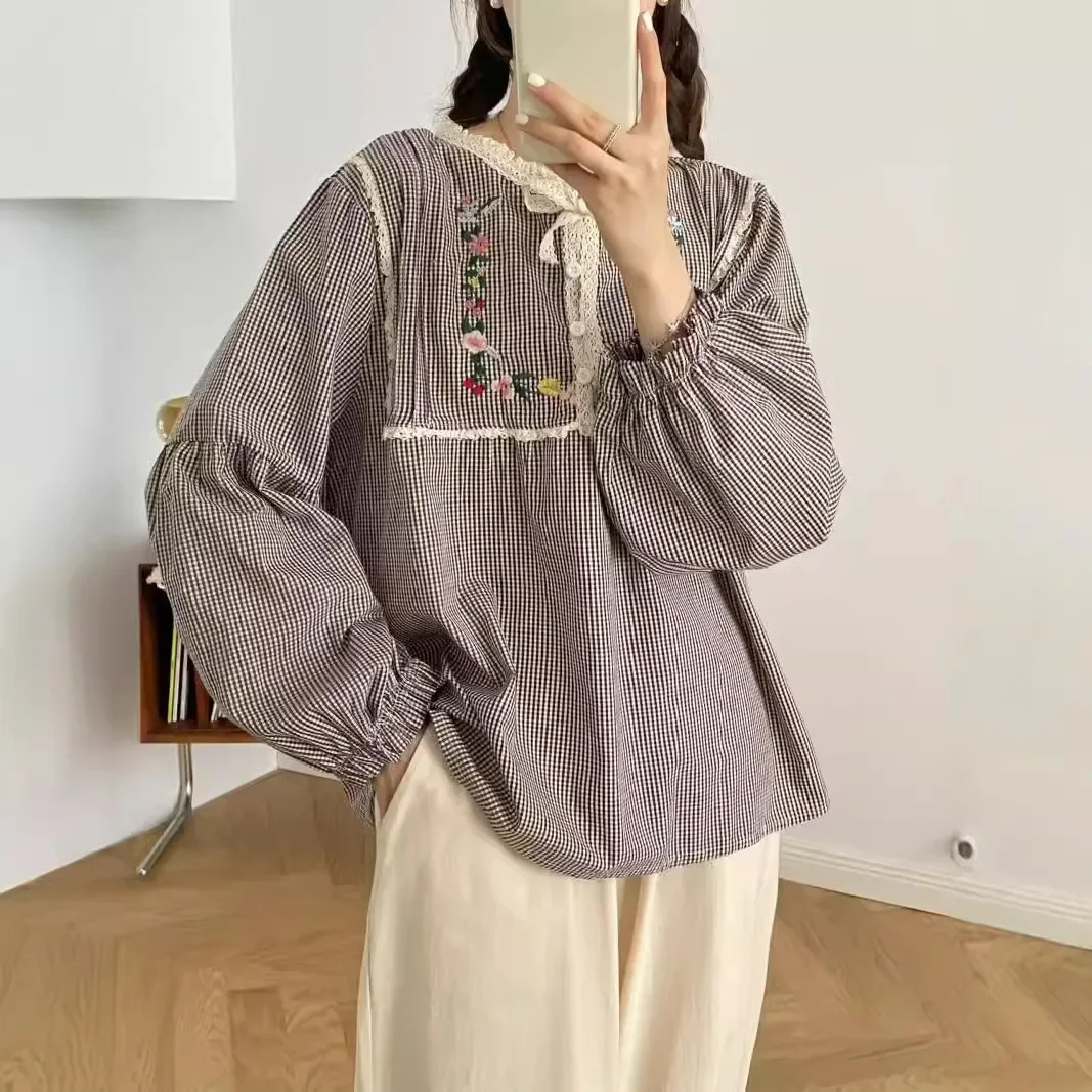 Новинка осени 2024 женская рубашка из хлопка и льна с круглым вырезом